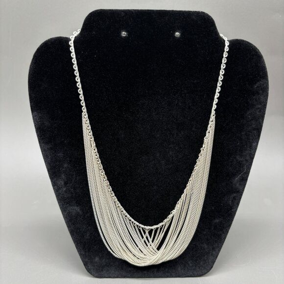 Sterling Silver 925 Multi Strand Layered Waterfall Drape Necklace 24g 18" Curb - Picture 1 of 8